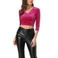 thumbnail image 1 of INSPIRE CHIC Blouse Courte en Velours pour Femme, Col en V, Manches 3/4, TP, Rose Vif, 1 of 6