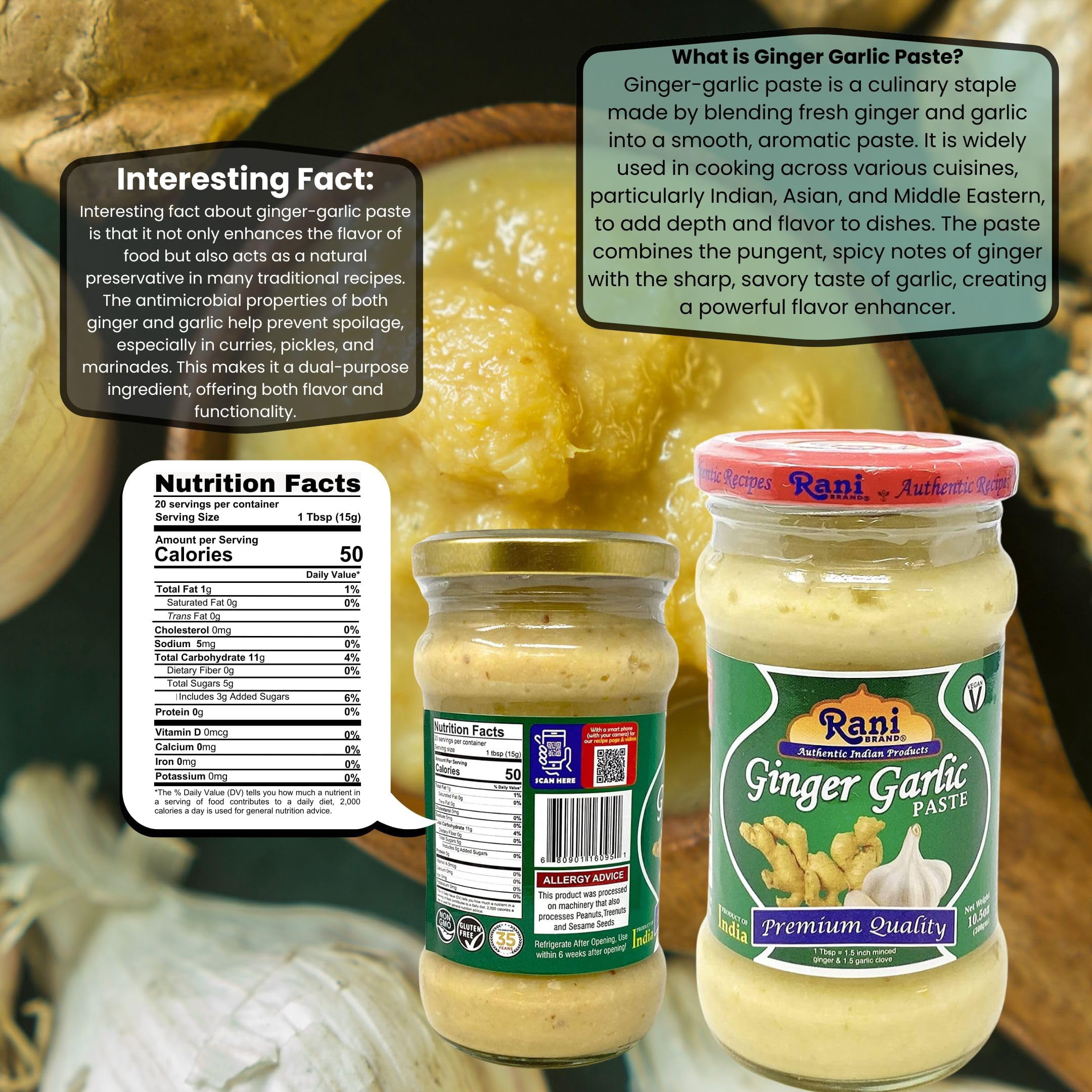 Rani Ginger-Garlic Cooking Paste 10.58oz (300g) ~ Pack of 6 ~ Vegan | Glass Jar | Gluten Free | NON-GMO | No Colors | Indian Origin