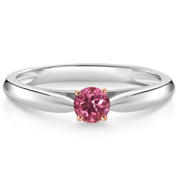 Gem Stone King 10K White and Rose Gold Pink Tourmaline Solitaire Engagement Ring for Women (0.15 Cttw, Gemstone October Birthstone, Round 3.5MM, Size 9)