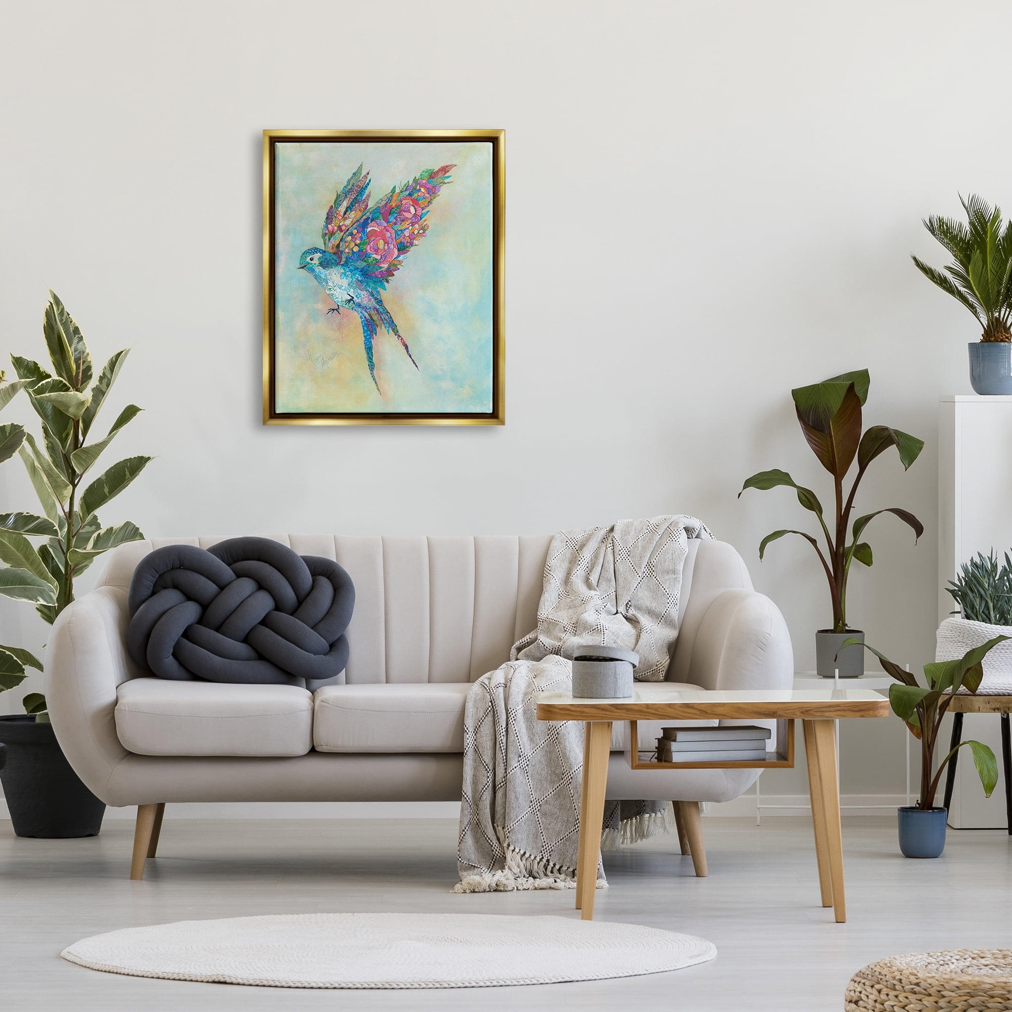 Stupell Industries Botanical Swallow Floral Blossom Wings Bird Painting Painting Metallic Gold Floating Framed Canvas Print Wall Art, Design by Lisa Morales