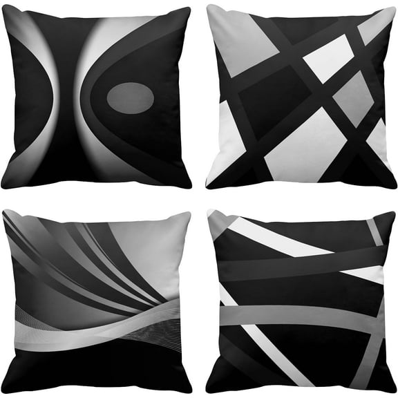 Set of 4 Black Throw Pillow Covers Modern Abstract Grey Stripes Gray White Acrylic Bold Decorative Pillow Cases Home Decor Square 18x18 Inches Pillowcases