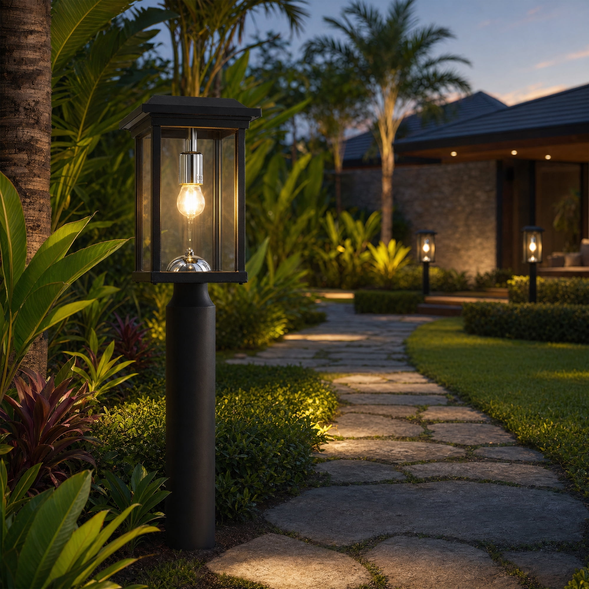 Dusk to Dawn Outdoor Post Light with Pier Mount Base and Glass Panels, Hardwired Aluminum Pole Lamp for Garden, Black
