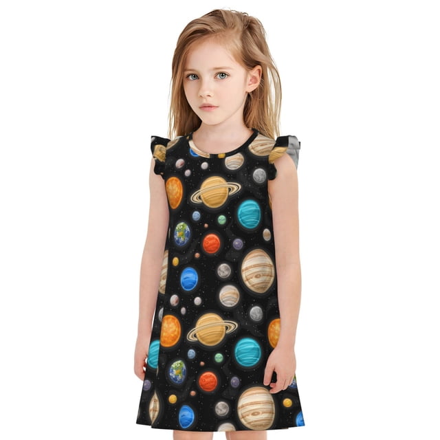 Balery Planets In Deep Space Camisón de princesa para niñas, pijama de algodón con mangas abullonadas, suave y bonito.-Small