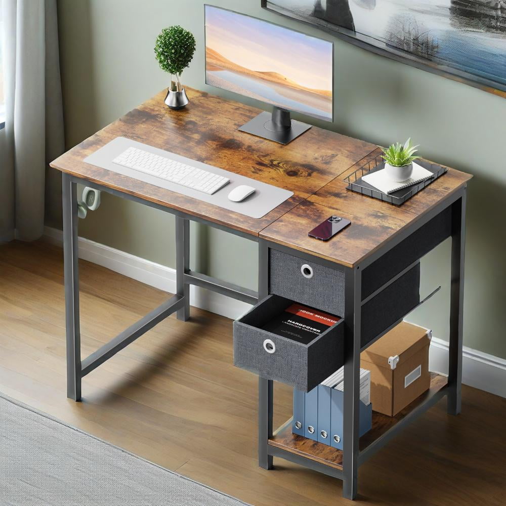 GIANNA 40 Inch Computer Desk, With 2-Tier Drawers Storage Shelf, Side Headphone Hook, Rustic Brown