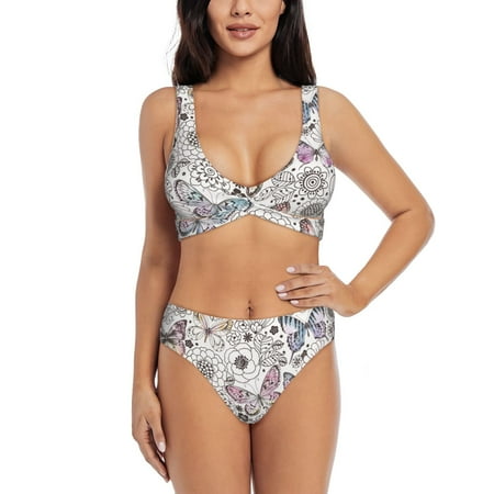 Zeuib Vintage Butterflies High Waisted Tummy Control Bikini Set - Knot Front Push Up Top & Cheeky Thong Bottom  Two-Piece Swimsuit for Women-XX-Large