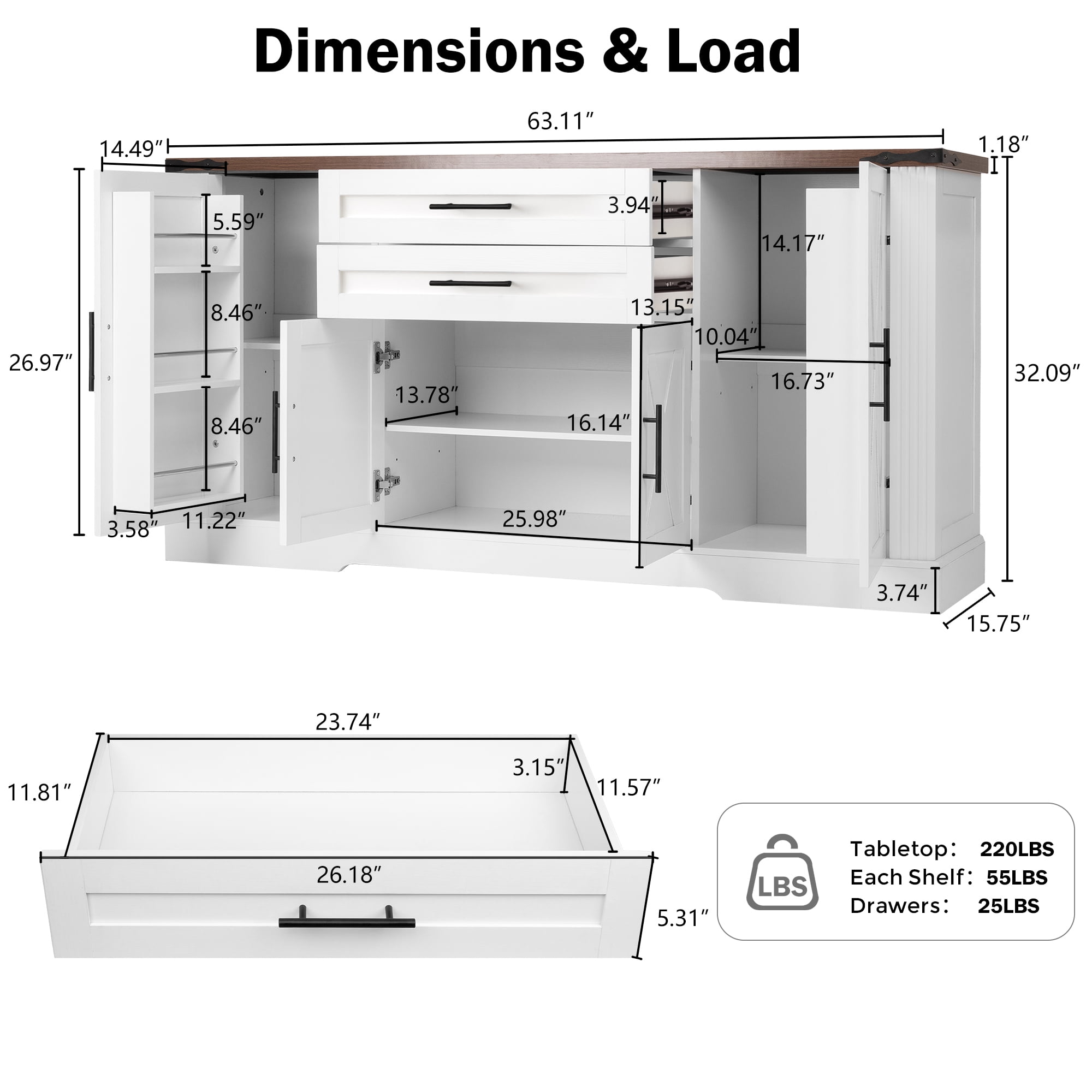 Mintazer 63" Farmhouse Sideboard Buffet Cabinet with 2 Drawers & Door Rack, Modern Storage Cabinet with Adjustable Shelves for Entryway Kitchen Living Room Dining Room, White
