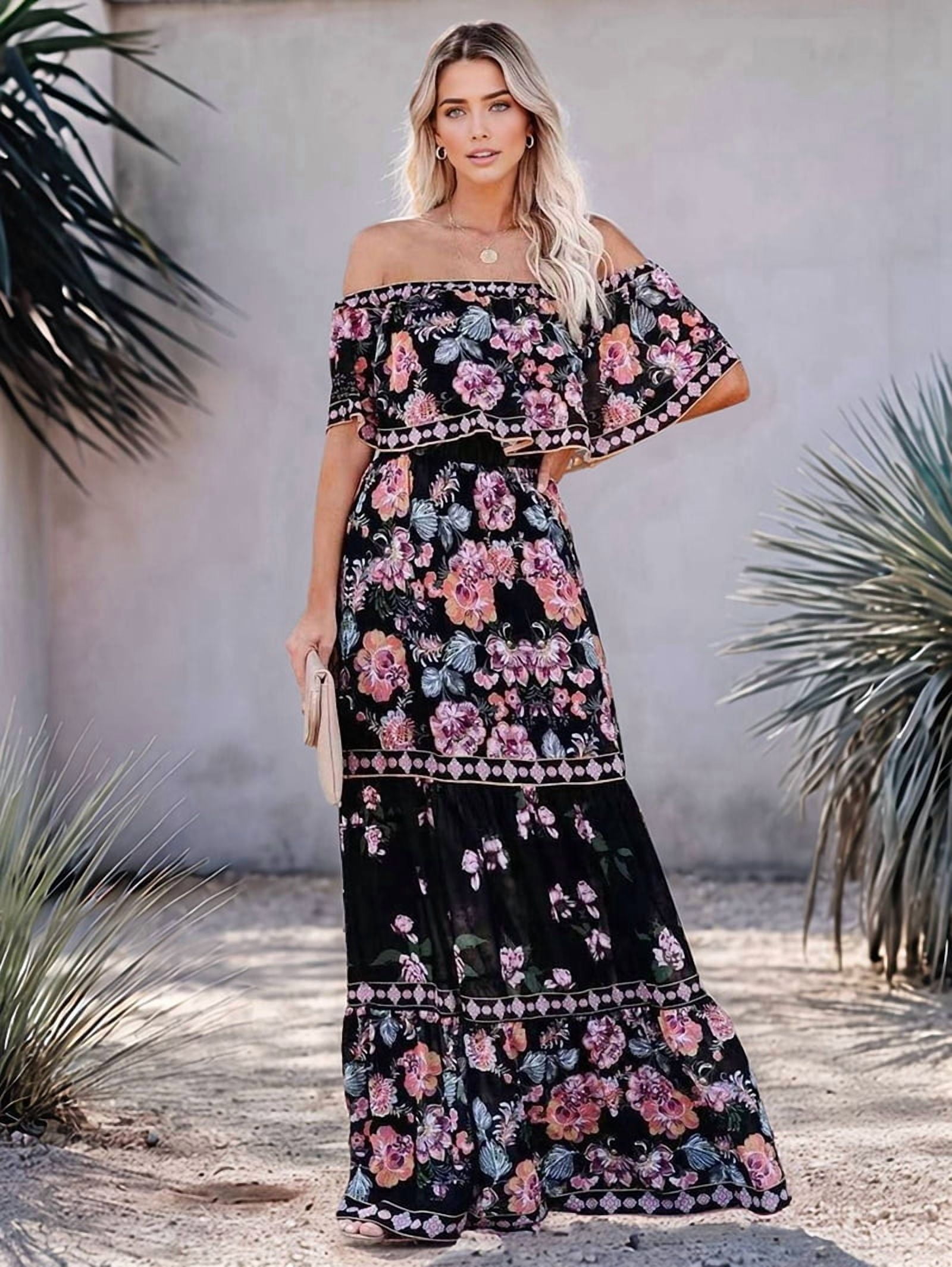Women'S Mexican Dress Summer Floral Print Off the Shoulder Sleeveless Beach Long Maxi Dress Black L
