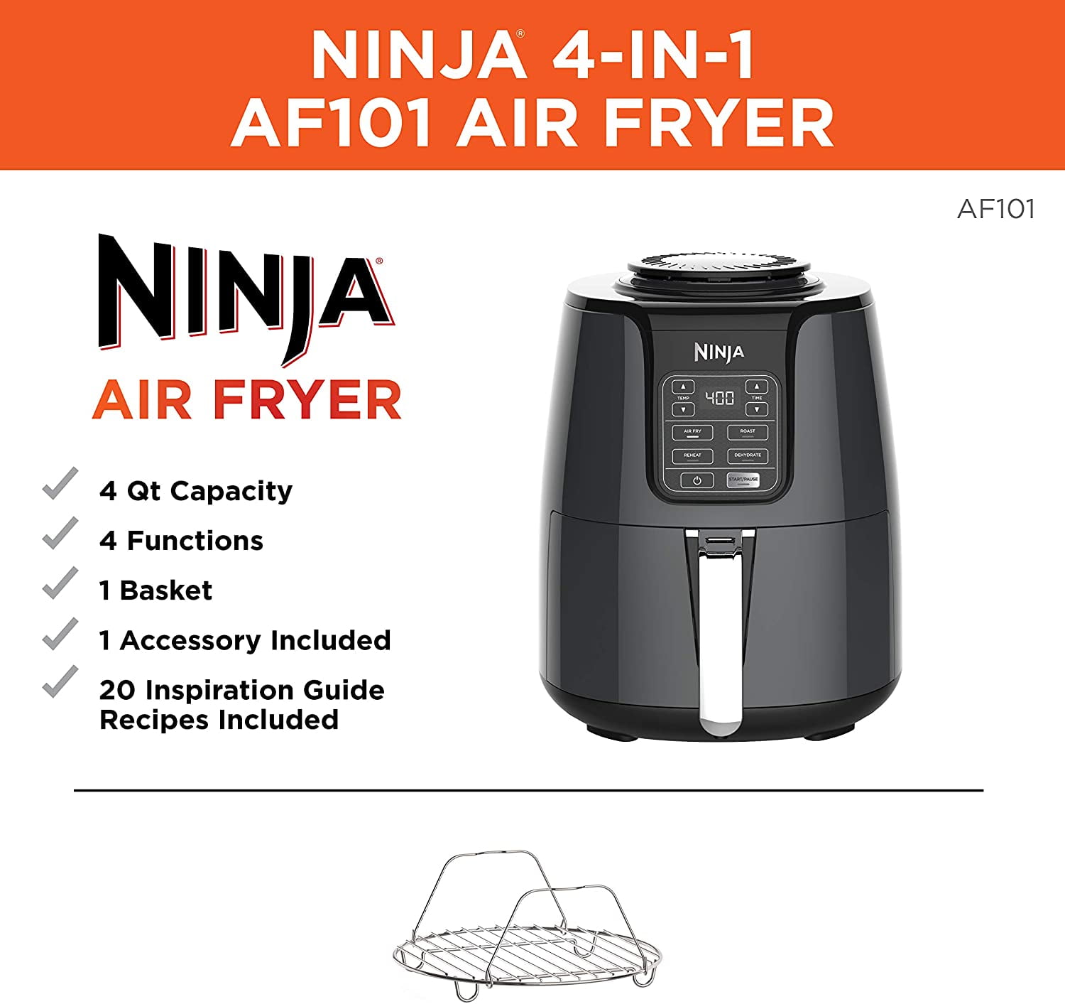 Ninja AF101 4QT Air Fryer That Crisps, Roasts, Reheats, & Dehydrates Black/Grey  622356554572
