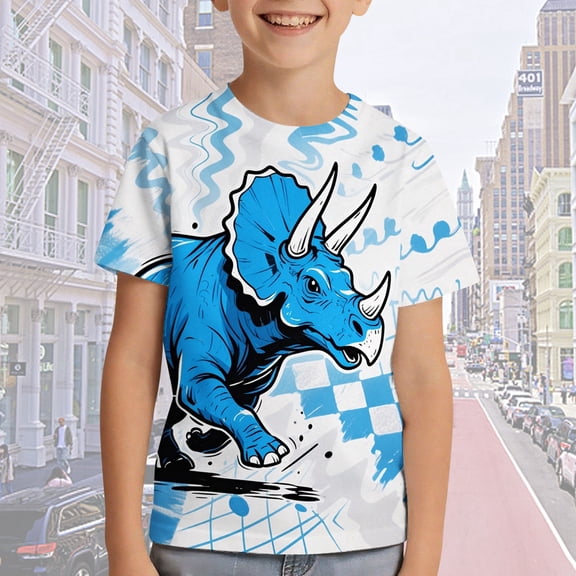 ZHOGXU Big Boys Girls T Shirt Short Sleeve Round Neck Dinosaur Print Comfortable Lightweight Tee Tops For Casual Daily Wear Sky Blue 3-4 Years