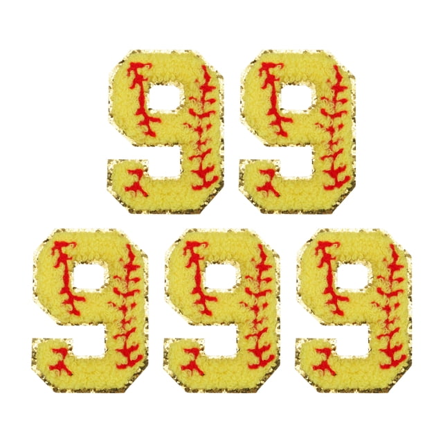 5 Pcs Parches de Número de Béisbol para Planchar, 2.8"x1.97" Parches de Número 9 de Chenilla Bordados con Brillo Dorado (Amarillo)