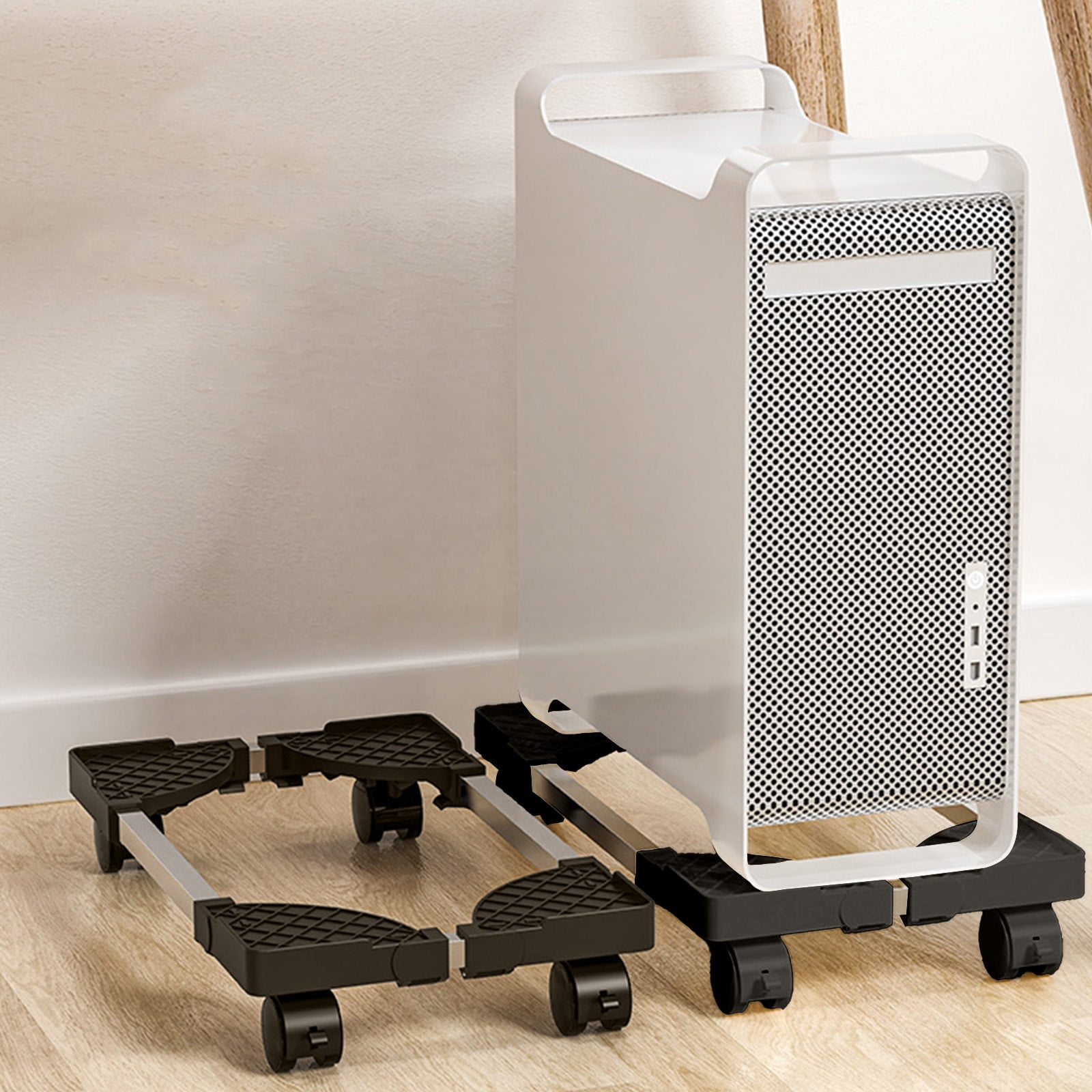 Adjustable Computer Tower Stand with 4 Locking Wheels, Mobile PC Cart Rack for Desktop, Ventilated Under Desk Organizer for Home & Office, Black