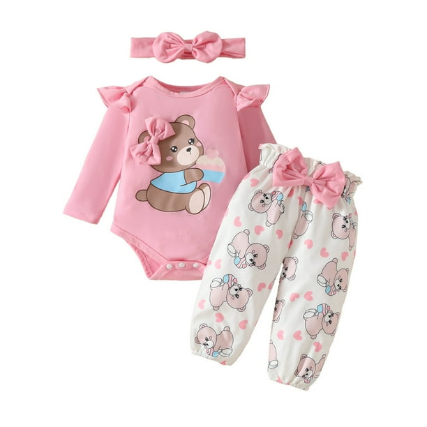 Odeerbi 0-18 Meses Conjunto Canastilla Niña Oso Lazo Manga Larga Sudadera Larga Cinta Tres Piezas