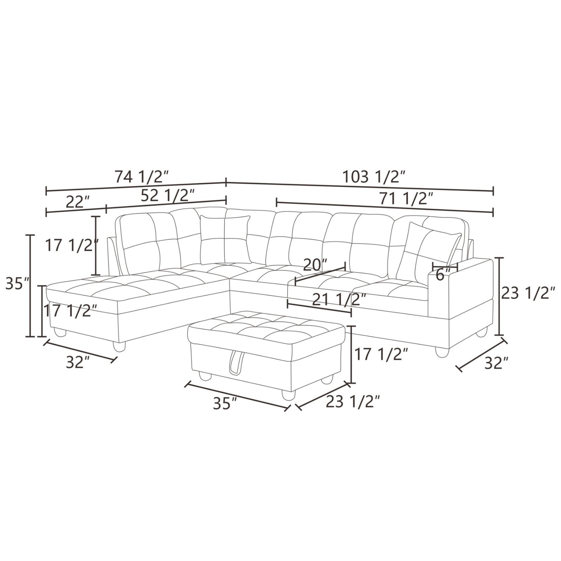 Hommoo Faux Leather Living Room Furniture Set, Sectional Sofa Set, Left Side, Brown