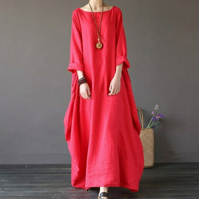 CHOK Robe Maxi d'Été en Coton et Lin à Manches Courtes pour Femmes, Grande Taille, Décontractée, Col Rond, Ample, Longue