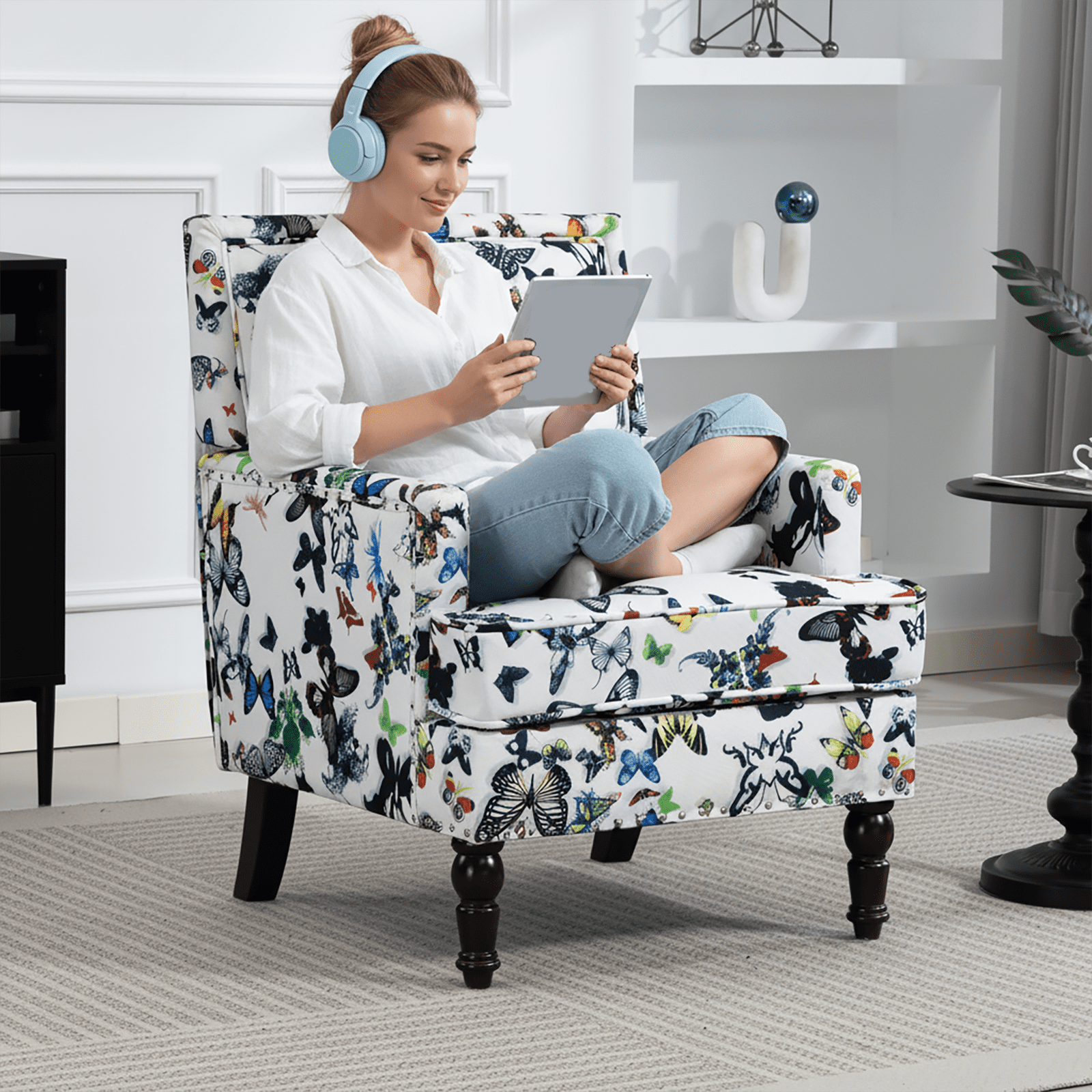 PORKISS Modern Accent Chair, Upholstered Arm Chair Linen Fabric Reading Chair with Solid Wood Legs, Single Sofa for Living Room Bedroom Sunroom, Butterfly Pattern