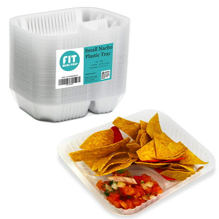 [125 Pack] Nacho Plastic Tray Anti Spill Small Nachos Trays Disposable 2 Compartment Clear Dart Trays Best for Cheese, Sauce or