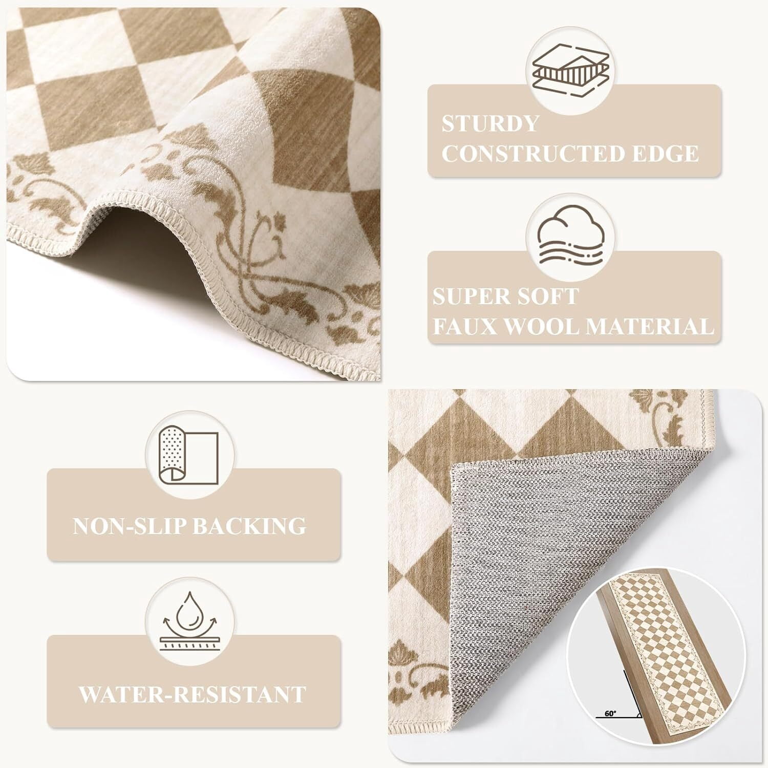 RUG ROBOT 2.5' x 8' Runner Rug for Hallway, Non Slip Washable Checkered Rug for Kitchen, Beige Neutral Bathroom Home Decor Plaid Diamond Low Pile Print Carpet for Entryway Bedroom Laundry