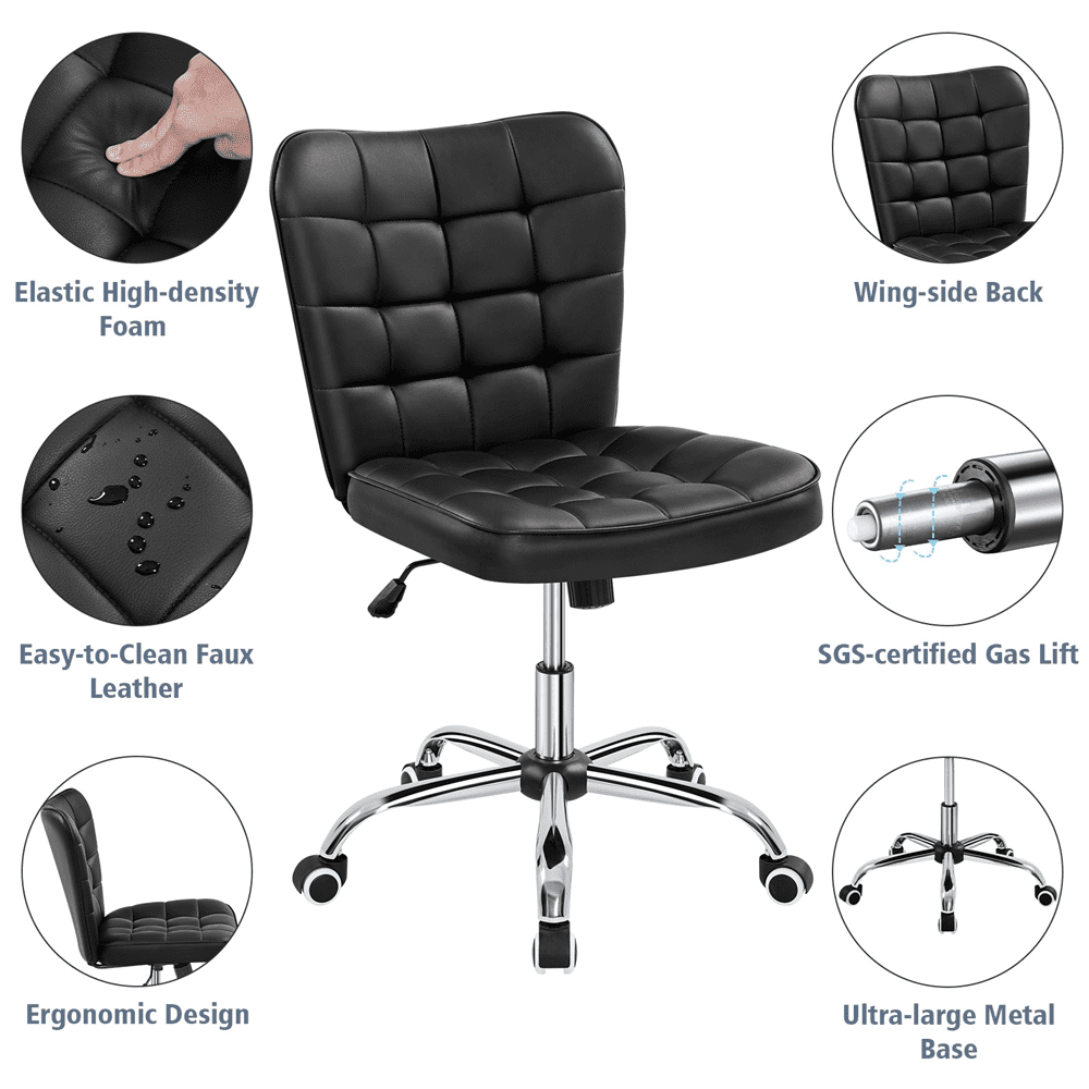 Alden Design Modern Tufted Faux Leather Home Office Armless Desk Chair, Black
