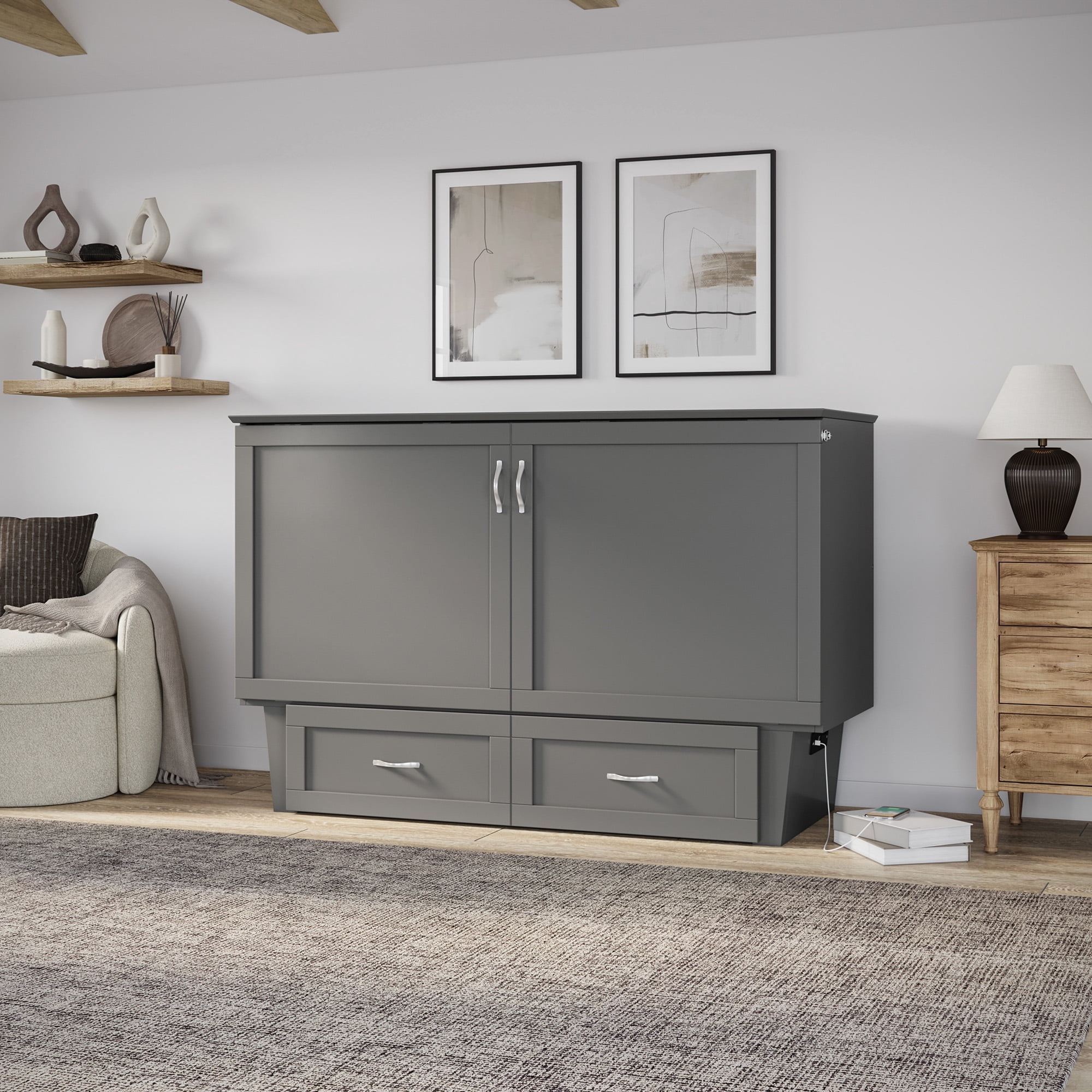 AFI Chelsea Queen Murphy Bed Chest with Mattress, Storage & Built-in Charging, Grey