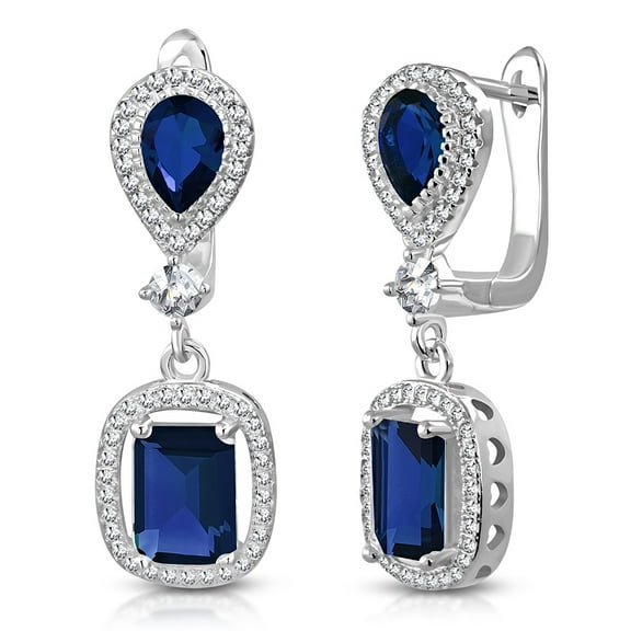 925 Sterling Silver Rectangular Teardrop Multicolor CZ Drop Dangle Earrings, 1.2"