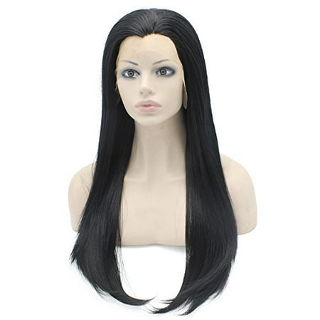 24inch Long Straight Black Lace Front Wig Natural Half Hand Tied