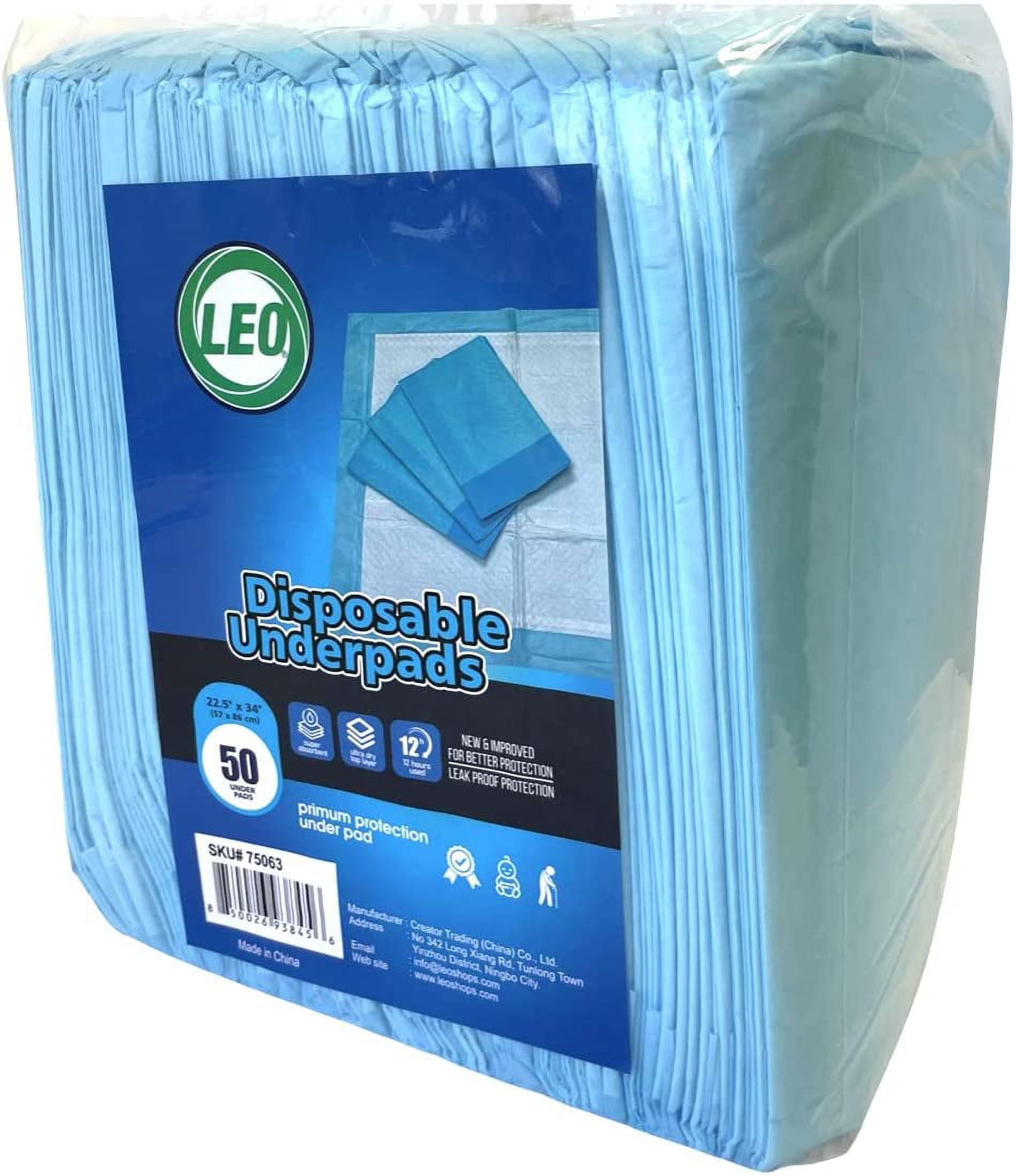 LEO (Chux) Disposable Underpads 22" x 34", Economy Waterproof Absorbent Bed Pads for Adults, Children and Pets, Large Size, Blue, Count (50/Pack)