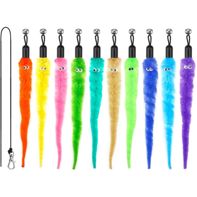 Cat Wand Toys Refills, Cat Feather Toys Accessories, 10PCS Squiggly Worms Replacements and 1PC Replacement String for Cat Fishing Pole, Assorted Teaser Refills with Bell for Indoor Cats Kitten