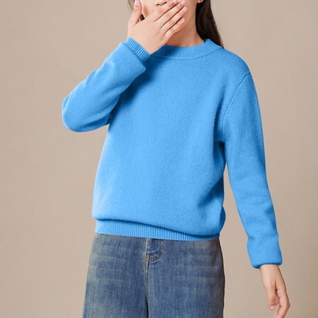 ATOGUTA Lightweight Sweaters for Girls Long Sleeve Sweater Crewneck Button Up Knit Sweaters for Girls Blue Size 2T-14