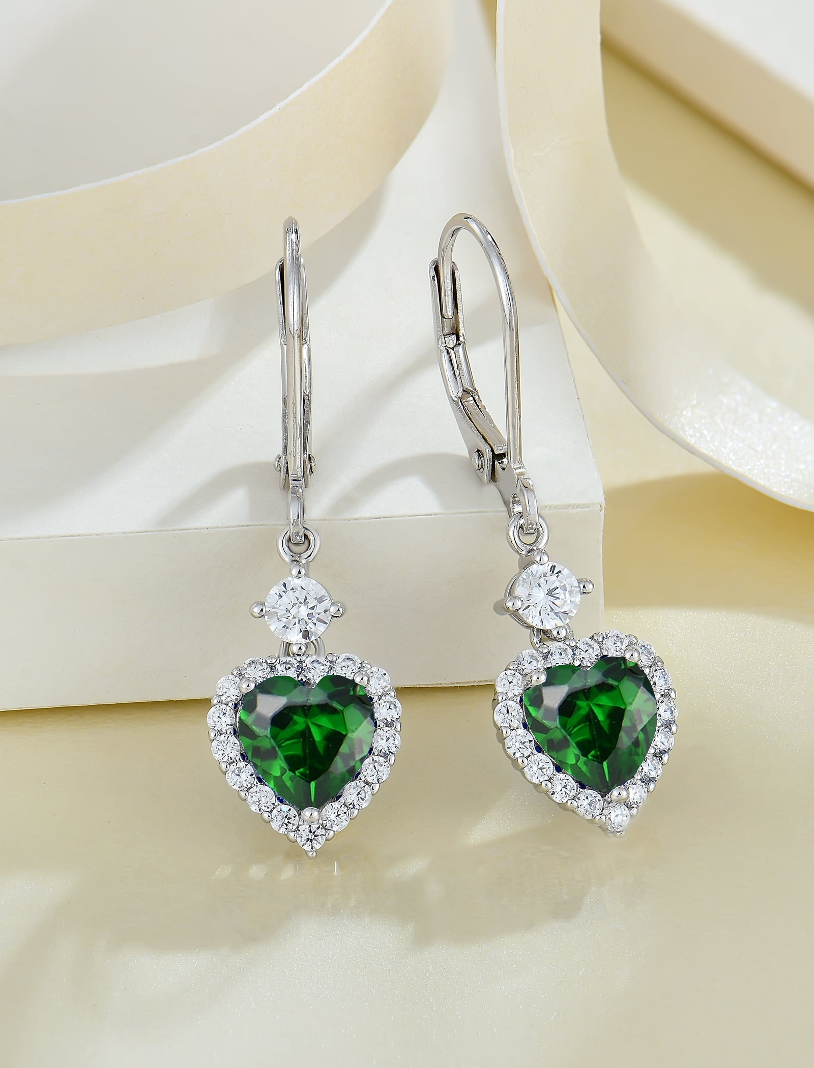 PYNZY 925 Sterling Silver Earrings with 7x7MM Heart Created Emerald Birthstones, Dangle Drop Earrings with Leverback for Women Jewelry Gifts