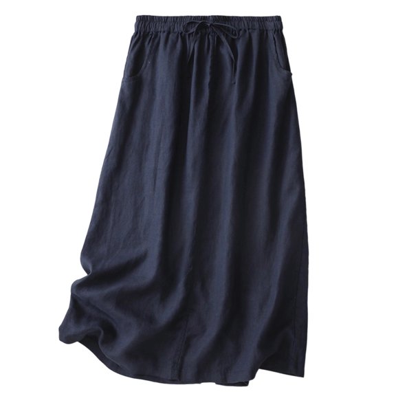 Yievot Cotton Linen Skirts for Women Summer A Line Flowy Casual Drawstring Midi Skirts with Pockets