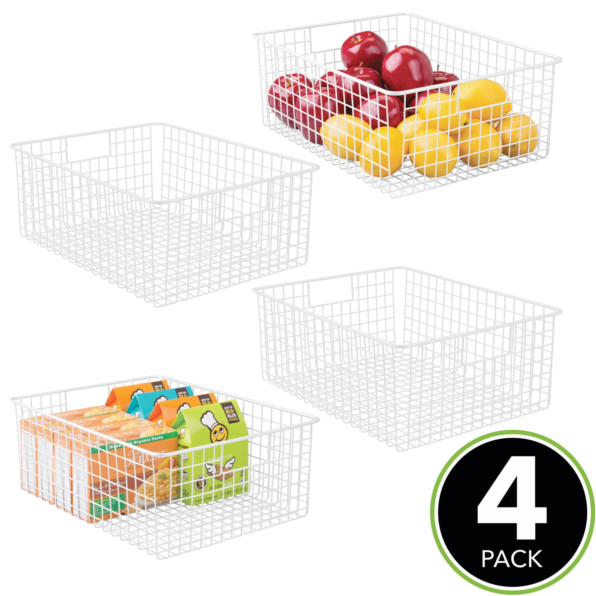 mDesign Metal Wire Food Organizer Basket, Built-In Handles, 4 Pack, White