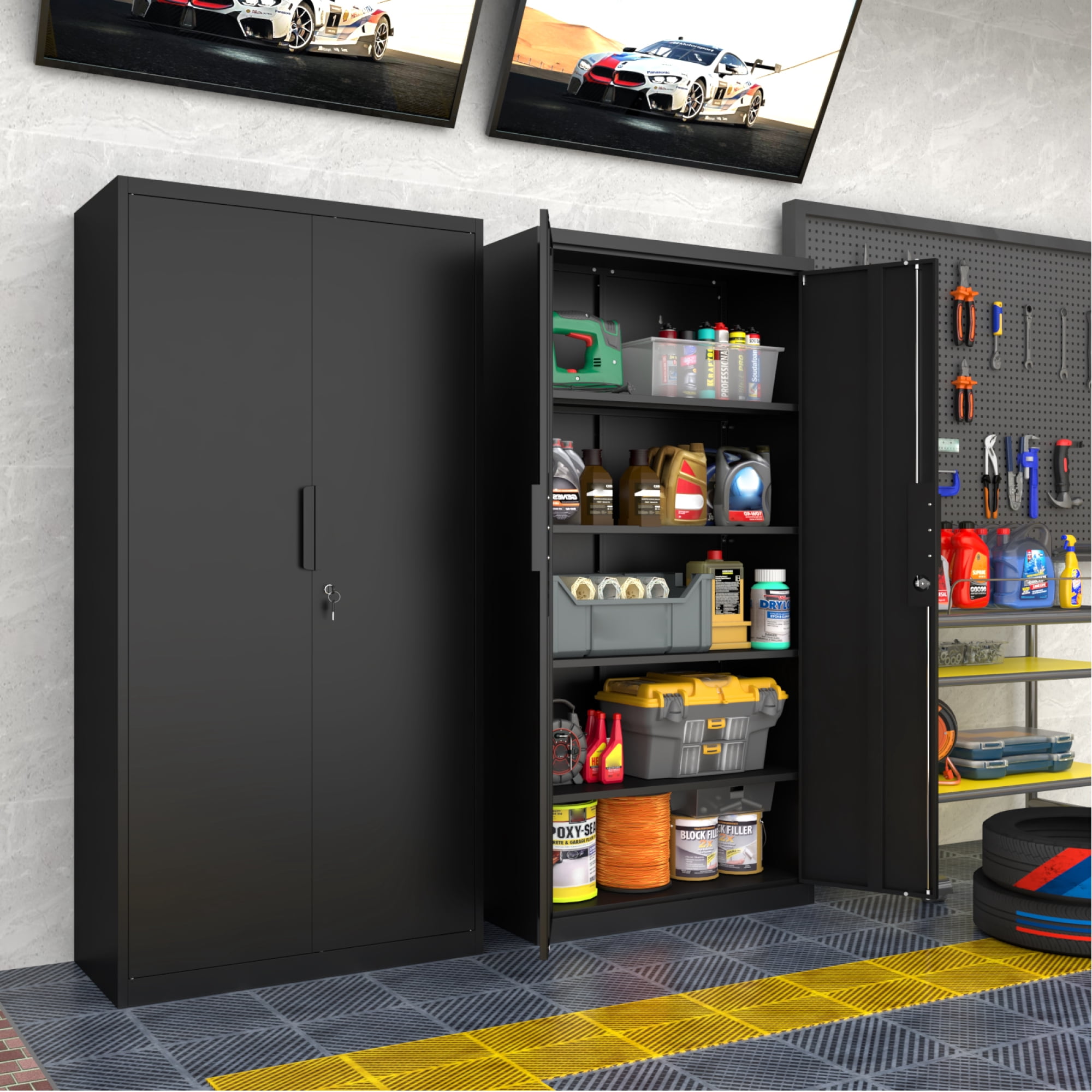 72"H Metal Storage Cabinet with Adjustable Shelves & 2 Doors, Heavy-Duty File Cabinet Garage Storage Cabinet with Lock for Garage,Classroom,Office,Black