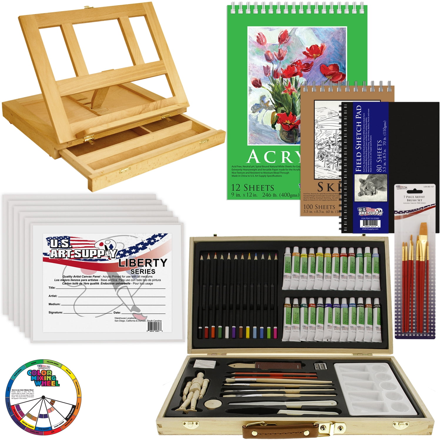 US Art Supply 68Piece Custom Artist Acrylic Painting Set, Wood Drawer