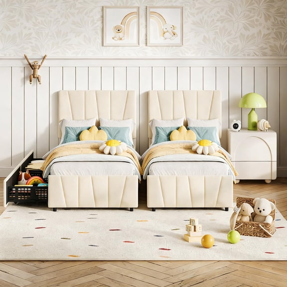 2PCS Twin Upholstered Platform Bed with 2 Drawers, Adjustable Headboard, Wood Slats, No Box Spring, Beige