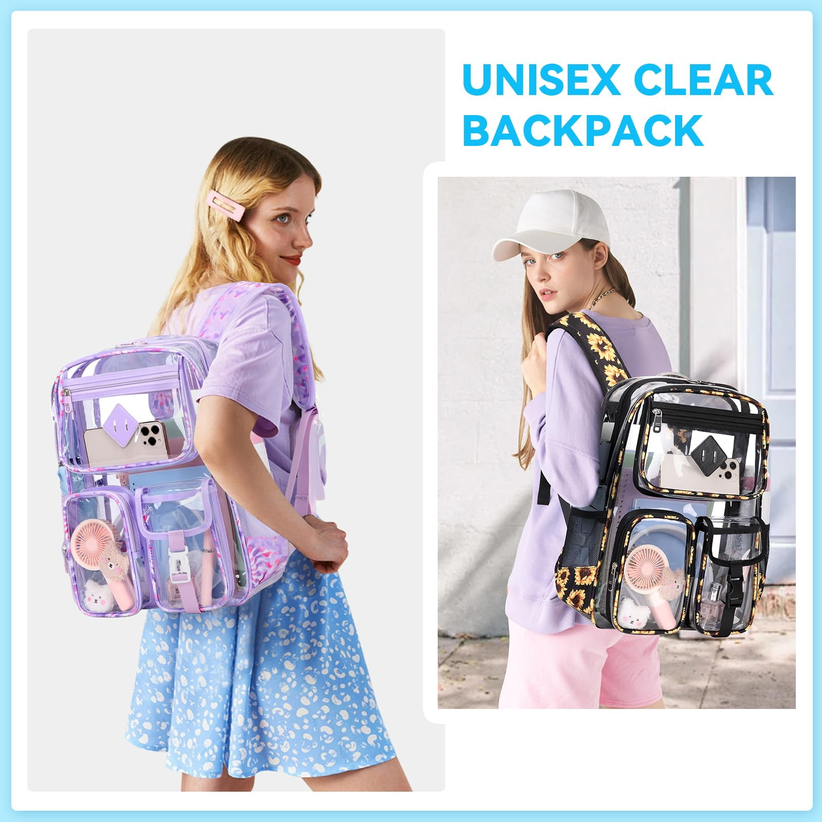 Sanmadrola Large Clear Backpack Heavy Duty Stadium Approved See Through Backpack Waterproof PVC Transparent Backpacks Clear Book Bag with Reinforced Strap for School Work Travel, Black Daisy