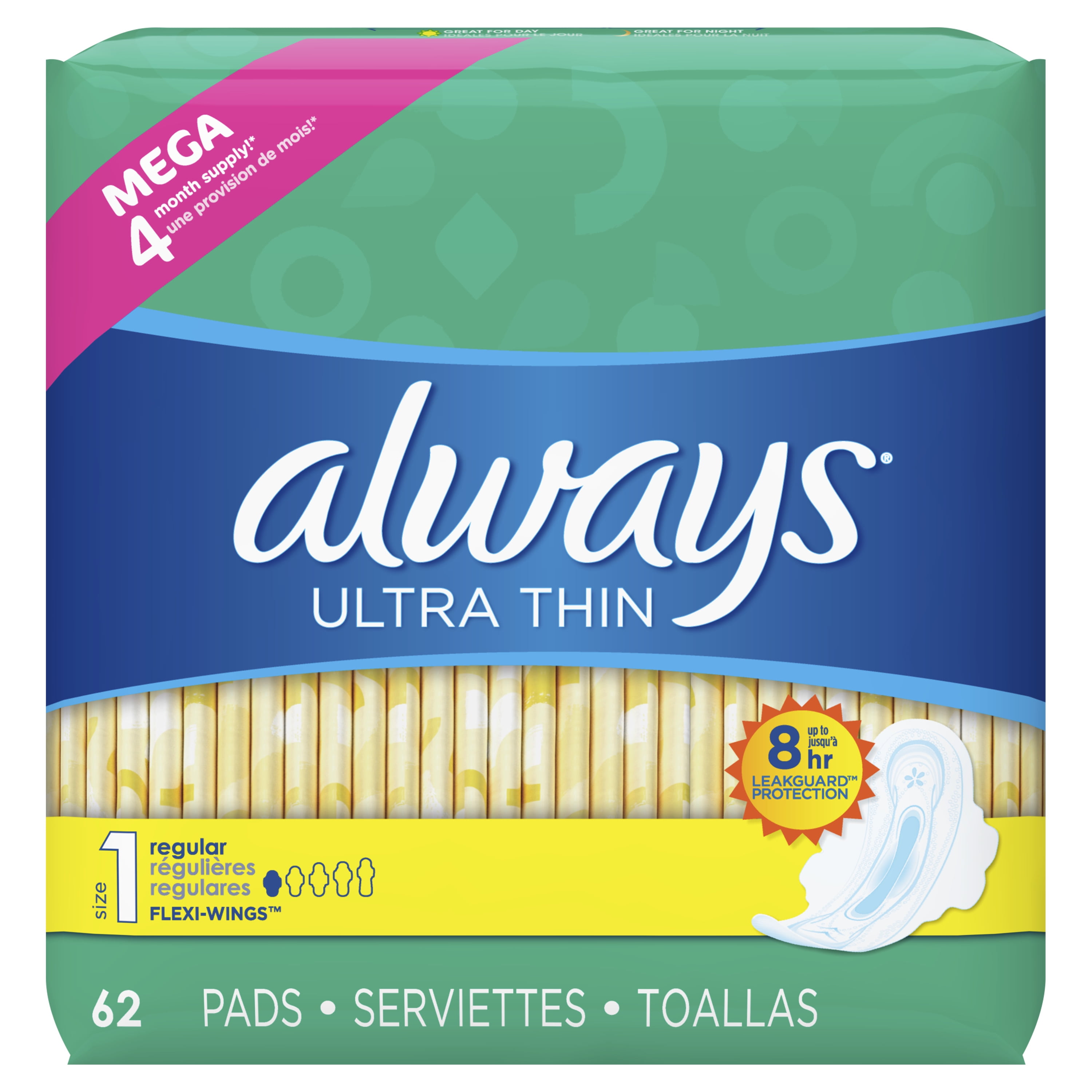 Always Ultra Thin Regular Pads with Wings, Unscented, Size 1, 62 Ct