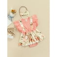 thumbnail image 4 of Infant Baby Girls Summer Romper, Ruffled Fly Sleeve Floral Printed Dress-Like Patchwork Bodysuit+Bow Headband, 4 of 9