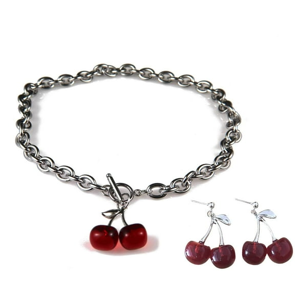 Ensemble de Colliers et Bracelets Cerise Harajuku Rouge Cerises Sombres Pendentifs Chaîne Colliers Boucle d'Oreille Géométrique Ot Punk Gothique Chocker Chockers Rouges pour Femmes Filles-Élevé