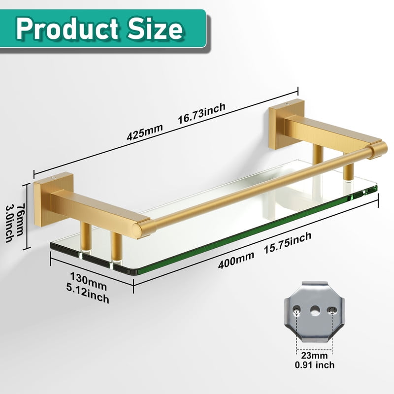 16 Inch Brusheld Gold Bathroom Glass Shelves with Stainless Steel Railing, Tempered Floating Glass Modern Decoration Bathroom Shelf Sink Over Toilet
