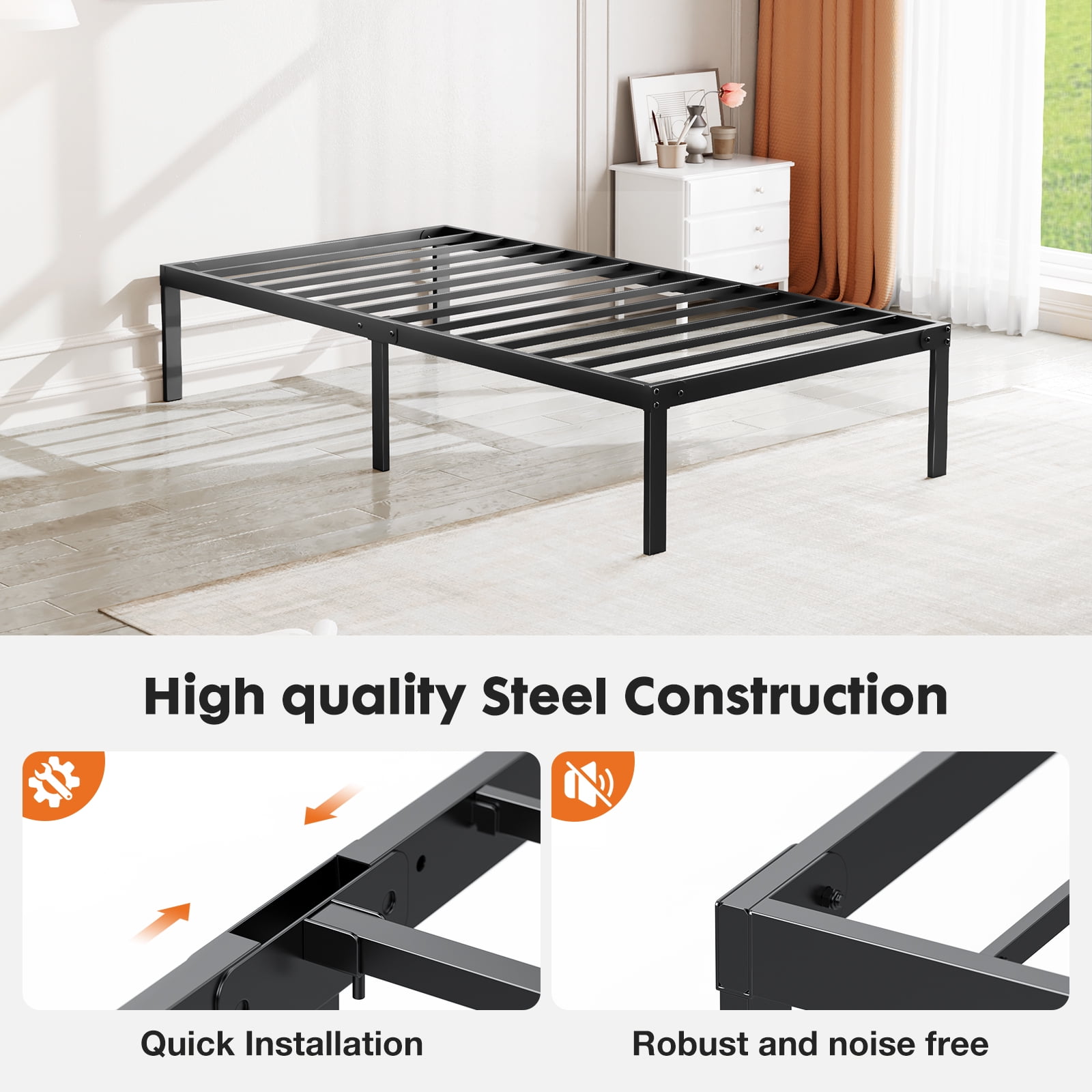 MAYEERTY 14" King Metal Bed Frame - Heavy Duty, Underbed Storage, No Box Spring, Black​