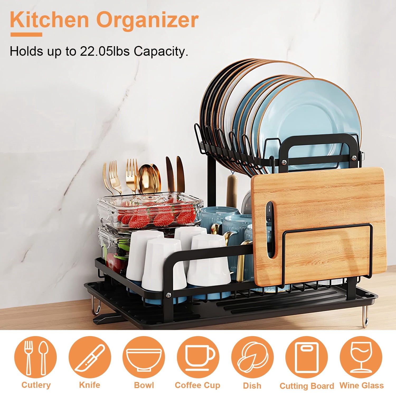 2 Tier Dish Drying Rack, Carbon Steel Rust Resistant Kitchen Drainer, Large Capacity Tableware Organizer with Drainage Tray, Removable Utensil Holder, for Kitchen Countertop Sink Corner