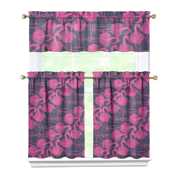 Kitchen Curtains 36 Inch Short - 3 Panel Set, Flamingo Tropical Bird Print, Rod Pocket Window Curtain, 100% Polyester for Hawaiian Summer Beach Decor, Easy Wash