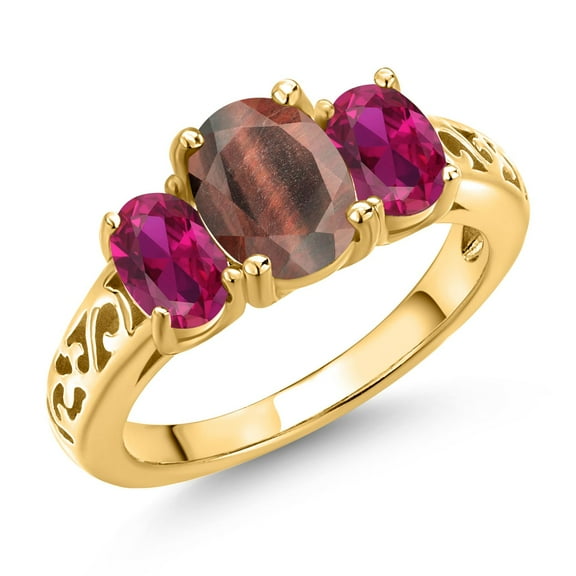 Gem Stone King 18K Yellow Gold Plated Silver Red Tiger Eye and Red Created Ruby Filigree Style 3 Stone Ring for Women (2.25 Cttw, Oval 8X6MM and 6X4MM, Size 5) (Size 5)