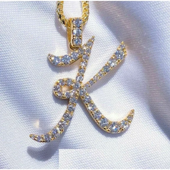 1.50 Ct Round Moissanite Custom K Letter Men's Pendant 14K Yellow Gold Plated