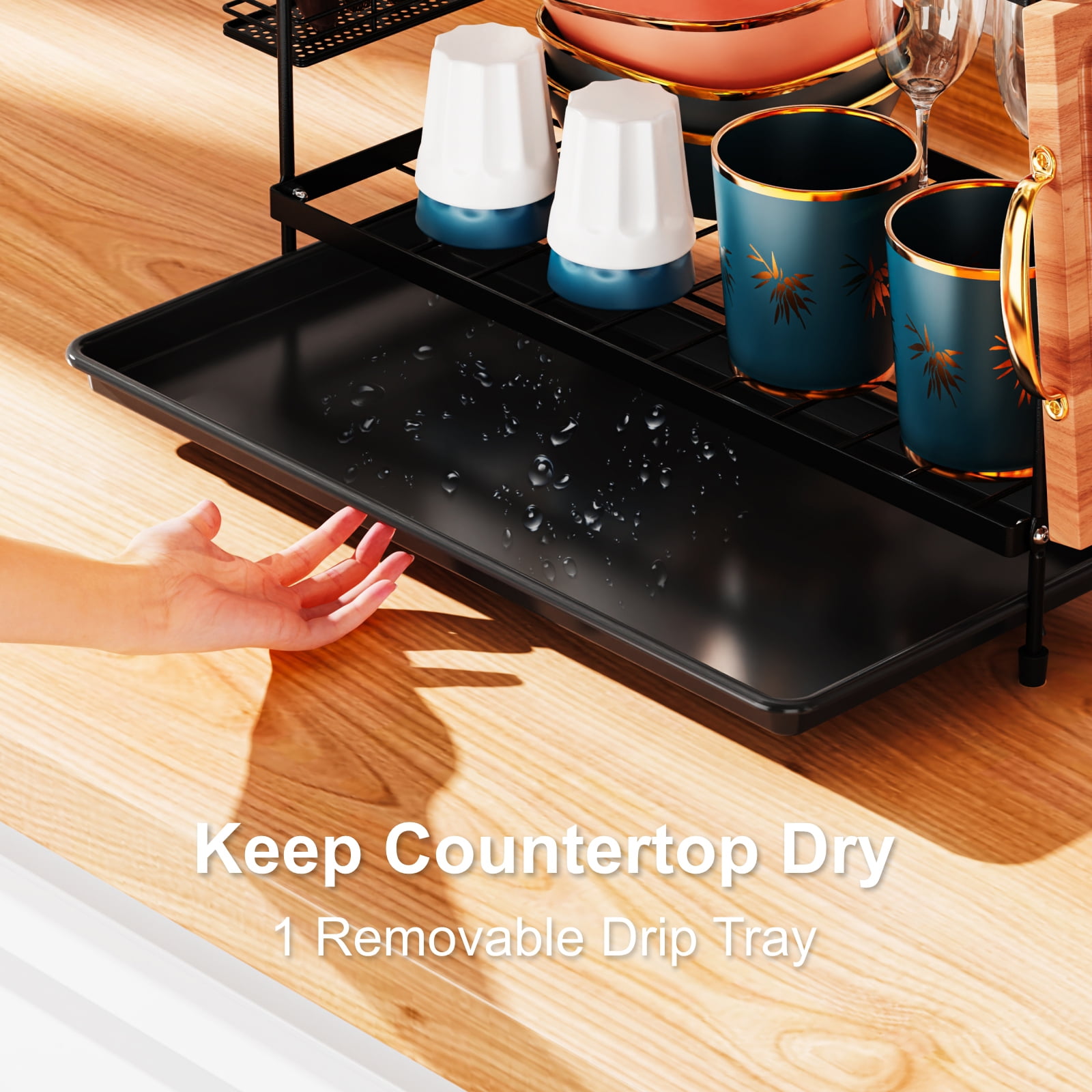 iSPECLE 2 Tier Dish Racks Dish Drainers with Water Tray Cutlery Holder for Small Kitchen Households Black, 18.90 x 8.27 x 11.81 Inches