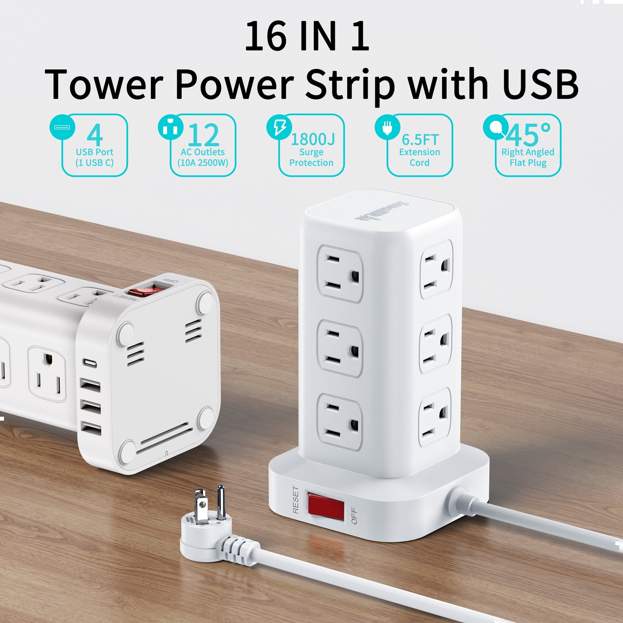 Power Strip Tower 12 Outlets with 4 USB Ports Surge Protector Electric Charging Station 6.5ft Cord, White
