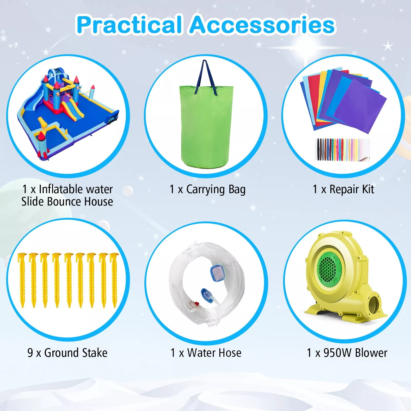 Auranook Rocket Theme Inflatable Water Slide Park w/ 950W Blower 2 Slides Splash Pool