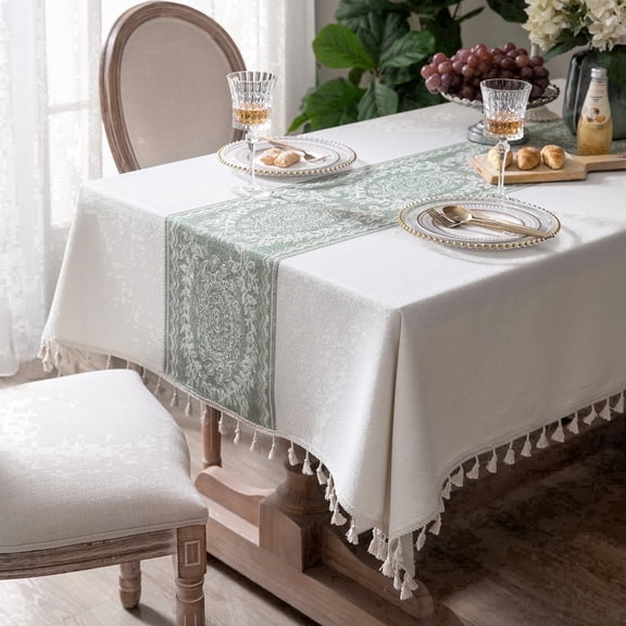 ICEANT 58×86 inch European Design Tablecloth with Tassel, Wrinkle Free Waterproof Polyester Table Cover, Rectangle Washable Tablecloth for Kitchen, Living Room, Outdoor Party, Green