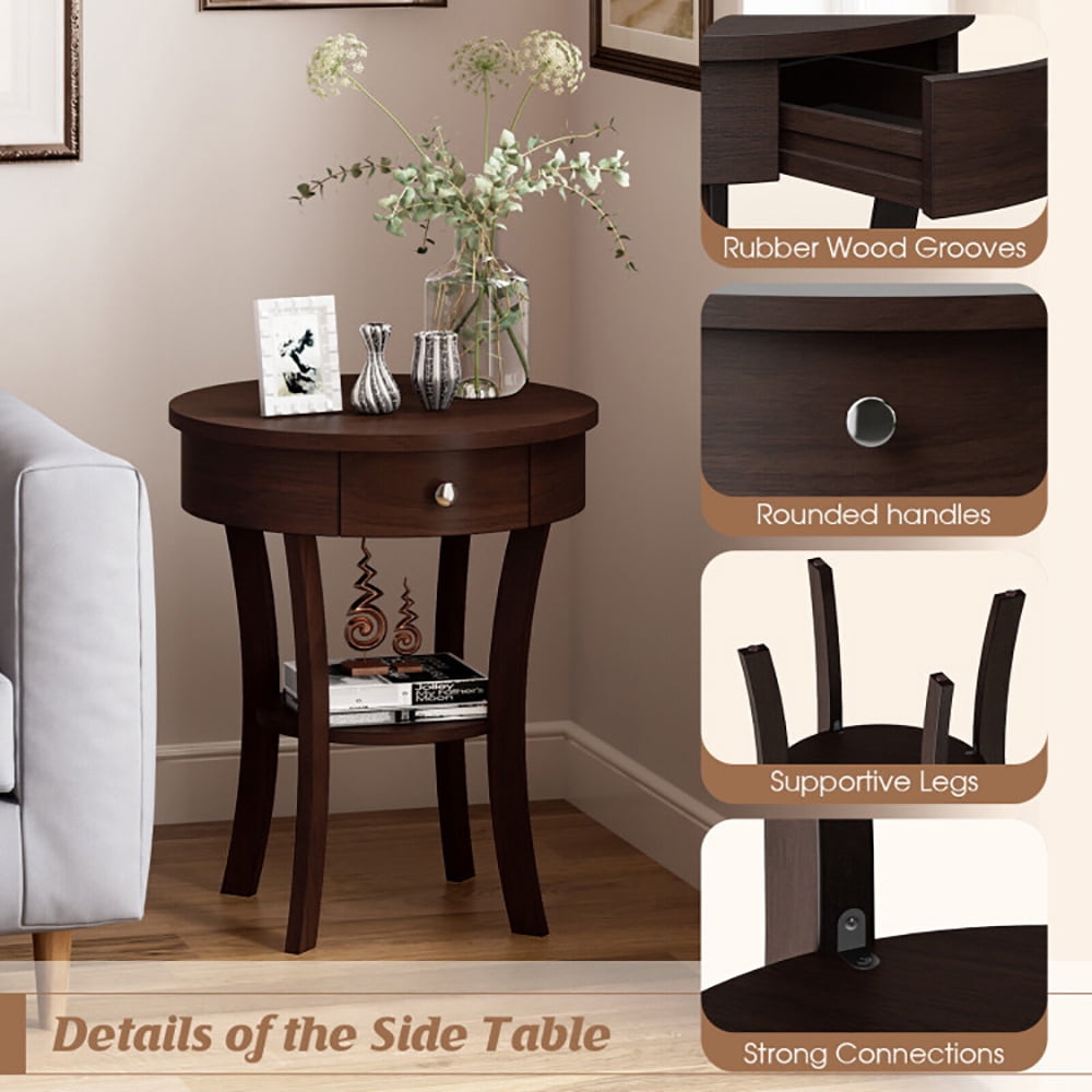Finihen 2-Tier Wood Round End Table with Open Drawer, Sofa Side Table, Bed Side Table, for Living Room, Bedroom, Brown Finihen 2-Tier Wood Round End Table with Open Drawer, Sofa Side Table, Bed Side Table, for Living Room, Bedroom, Brown