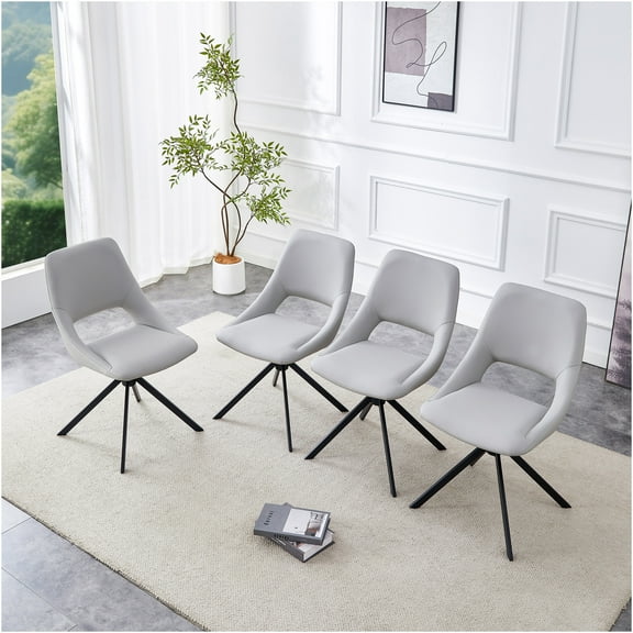 JERFIT Modern Swivel Dining Chairs Set of 4, Light Gray PU Leather Upholstered High Back Kitchen Chairs with Memory Foam, 360° Rotating Accent Chairs for Dining Room, Open Back Design